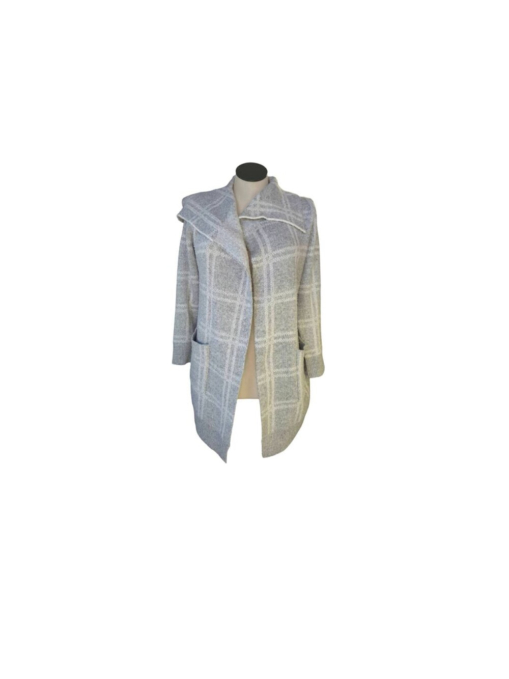 Greige Womens M Open Front Coatigan Gray Windowpane Plaid Long Layering Sweater